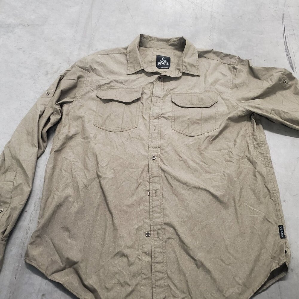 Prana Mens Long Roll-Up Sleeve Button-Up Shirt  Light Brown/Beige Size L